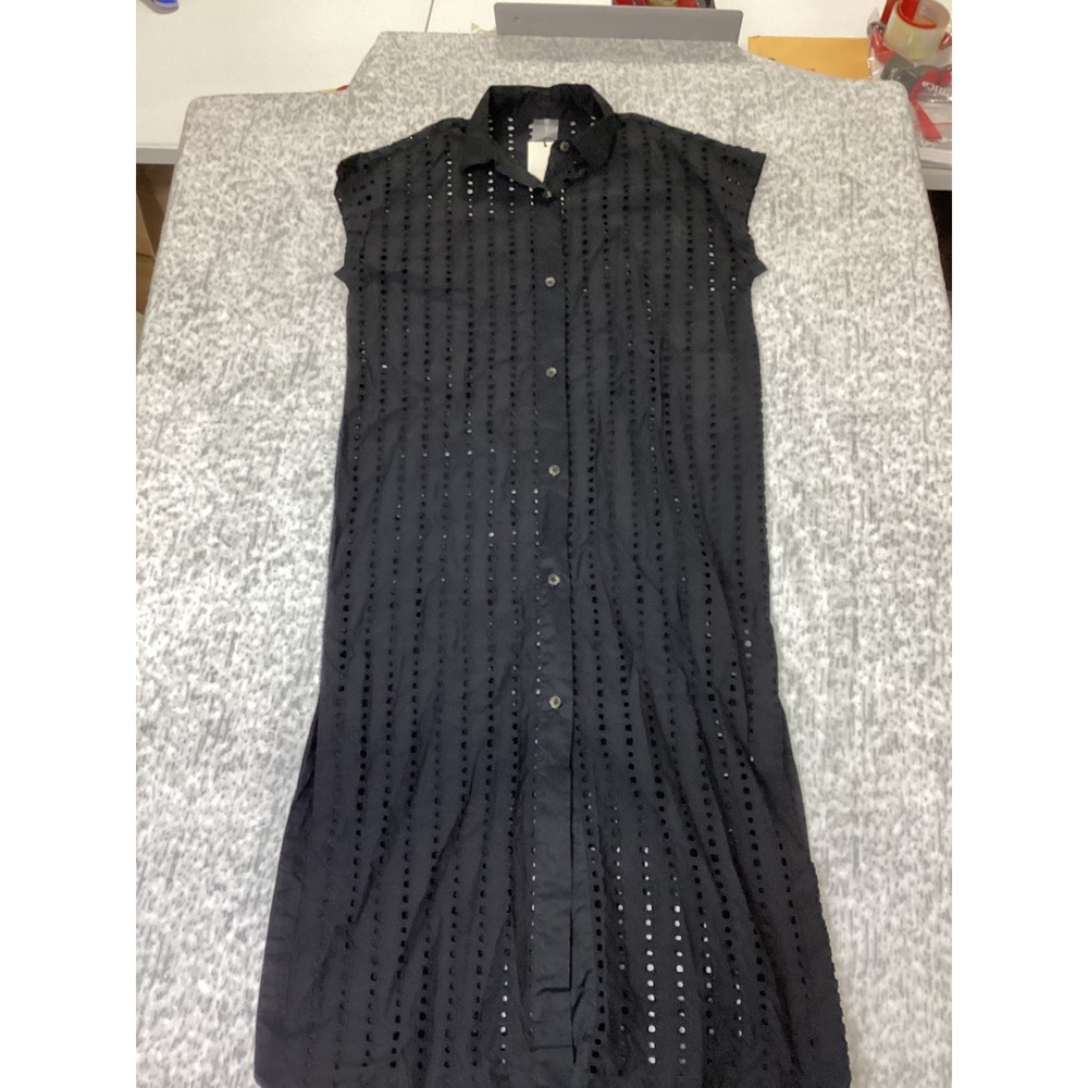 CALIA Womens XS Pure Black Eyelet Extended Sleeve Button Down Swim Coverup NEW